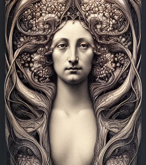 Image similar to detailed realistic beautiful tulip goddess face portrait by jean delville, gustave dore, iris van herpen and marco mazzoni, art forms of nature by ernst haeckel, art nouveau, symbolist, visionary, gothic, neo - gothic, pre - raphaelite, fractal lace, intricate alien botanicals, ai biodiversity, surreality, hyperdetailed ultrasharp octane render