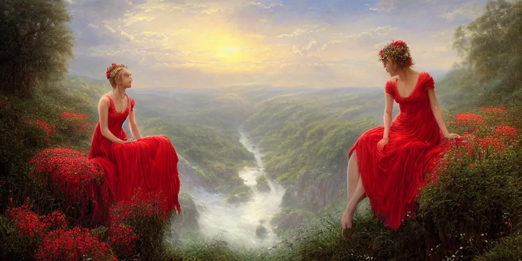 Image similar to an elegant fairy queen in a red lace dress sitting and looking out at a lord of the rings scenery landscape, vast lush valley flowers and giant mushroom structures, river, sunrise, god's rays highly detailed, vivid colour, soft clouds, floral sunset, cinematic lighting, perfect composition, 8 k, gustave dore, derek zabrocki, greg rutkowski, belsinski