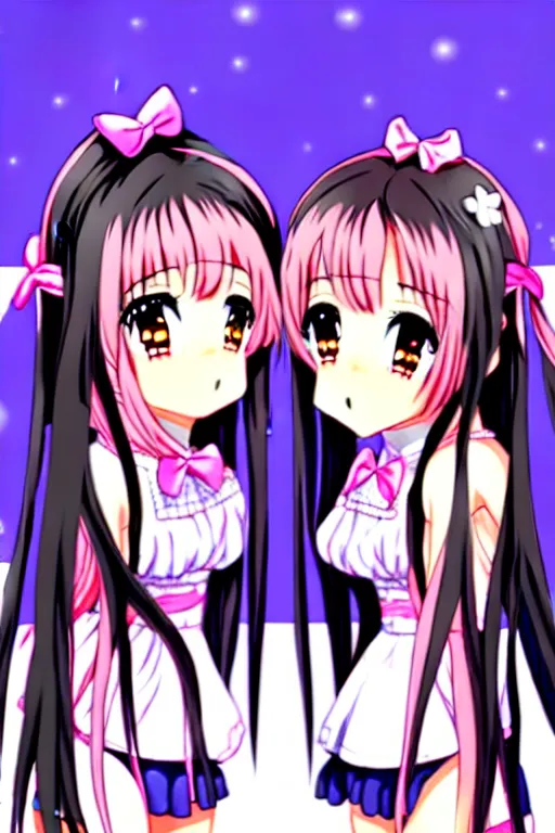 Image similar to two beautiful female idols with twintails facing each other, detailed anime art