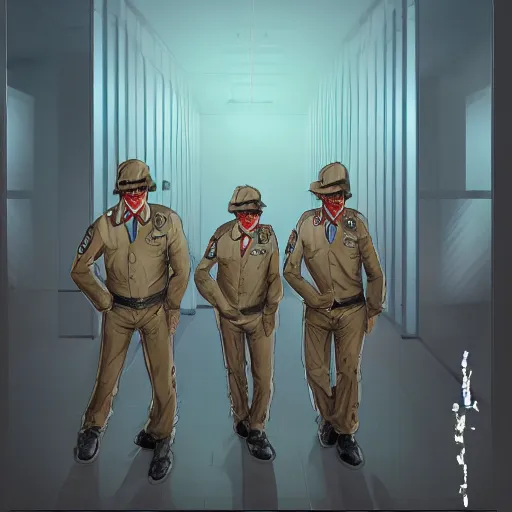 Prompt: zombie security officers in beige uniforms and blue pants with a faint glow red aura in a brutalist office setting trending on artstation digital painting 4 k sharp