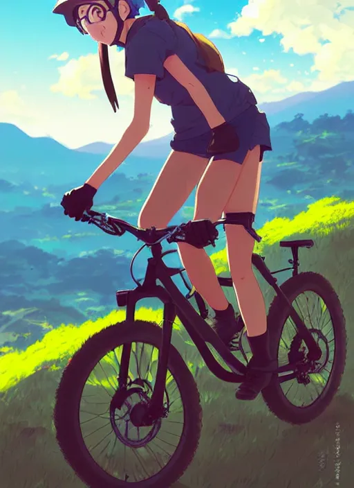 Prompt: portrait of cute girl riding mountain bike, sunny sky background, downhill landscape, illustration concept art anime key visual trending pixiv fanbox by wlop and greg rutkowski and makoto shinkai and studio ghibli and kyoto animation, symmetrical facial features, sports clothing, mountain bike helmet, backlit, realistic anatomy