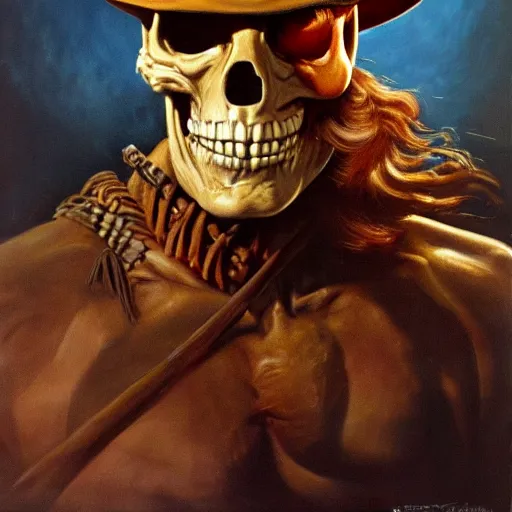 Image similar to ultra realistic portrait painting of skeletor as indiana jones, art by frank frazetta, 4 k, ultra realistic, highly detailed, epic lighting