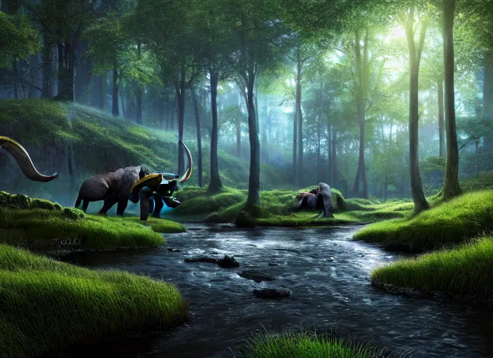 Prompt: hyperrealism, detailed textures, photorealistic 3 d render, a surreal mystical forest with a bright winding blue creek, wooly mammoths grazing, sharp focus, ultra realistic, ultra high pixel detail, cinematic, intricate, cinematic light, concept art, illustration, art station, unreal engine