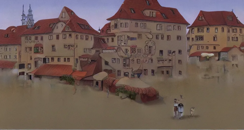 Prompt: painting of a small german town being flooded in the style of studio ghibli, Zdzisław Beksiński