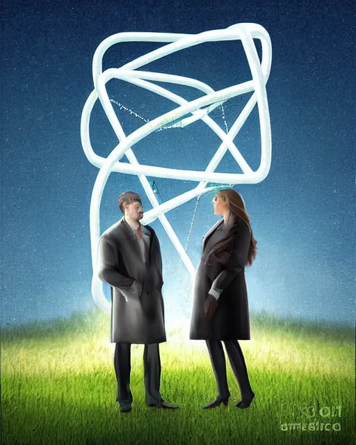 Image similar to in a field, two scientists in lab coats encounter a monster shaped like the DNA double helix, digital art