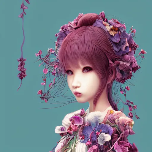 Image similar to the head of an unbelievably elegant and cute japanese girl partially made of potatoes roots and violets, an ultrafine detailed illustration by james jean, final fantasy, intricate linework, bright colors, behance contest winner, vanitas, angular, altermodern, unreal engine 5 highly rendered, global illumination, radiant light, detailed and intricate environment