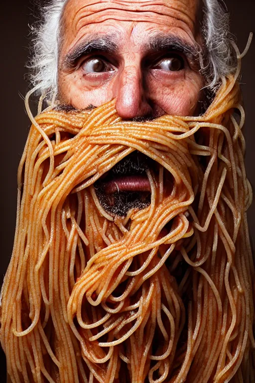 Prompt: extremely detailed portrait of old italian cook, spaghetti mustache, slurping spaghetti, spaghetti in the nostrils, spaghetti hair, spaghetti beard, huge surprised eyes, shocked expression, scarf made from spaghetti, full frame, award winning photo by eric lafforgue