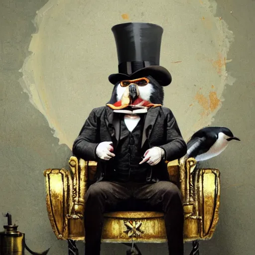 Image similar to oil painting of grumpy rich steampunk penguin sitting on fancy chair, wearing top hat, holding gold, sharp focus, fantasy style, steampunk factory background, steampunk atmosphere, factory background, factory atmosphere, , octane render, volumetric lighting, 8k high definition, by greg rutkowski, highly detailed, trending on art Station, centered