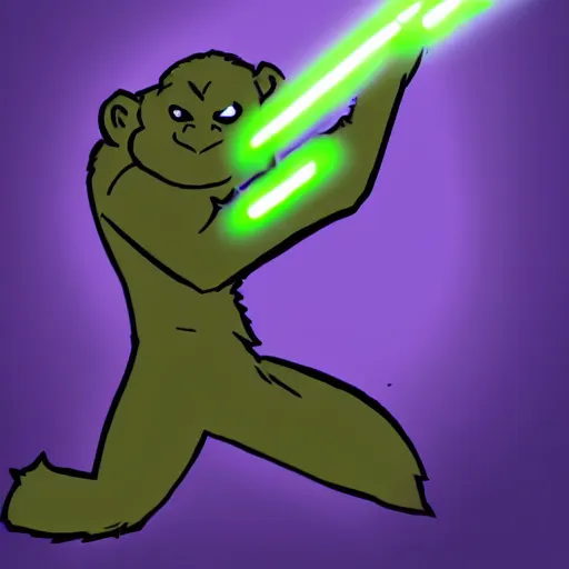 Image similar to purple gorilla using a green light saber in the desert comics style