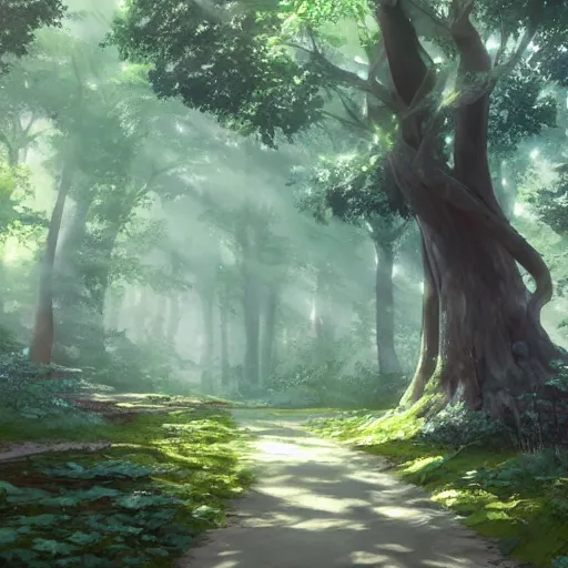 Image similar to forest path, beautiful ancient trees, hiding large treasure chest, serene evening atmosphere, soft lens, soft light, cel - shading, animation, in the style of cgsociety, deviantart, artstation, zbrush, cinema 4 d, studio ghibli, akihiko yoshida, atelier lulua, masamune shirow