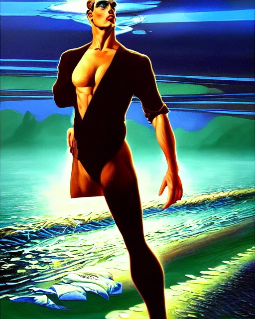 Prompt: a painting of a beautiful man in the river, an ultrafine detailed painting by howard chaykin, by mark brooks, centered full body, featured on deviantart, fantasy art, detailed painting, deviantart, anime