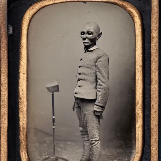 Image similar to gray alien standing in front of saloon, tintype photograph