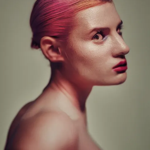 Prompt: A vibrant studio portrait photograph of a beautiful millennial woman by Alessio Albi and Nina Masic, trending on instagram, soft focus, vertical portrait, natural lighting, f1.8, 50mm, fujifilm, classic chrome, film grain, cinematic lighting