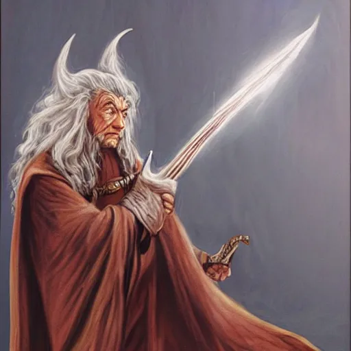 Image similar to gandalf as zeuss, painting