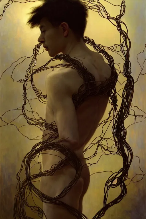 Image similar to hyperrealist portrait of elijah zu bailey, it is decorated with long wires that fall like vines and wears small computers over their body. by jeremy mann and alphonse mucha, fantasy art, photo realistic, dynamic lighting, artstation, poster, volumetric lighting, very detailed faces, 4 k, award winning