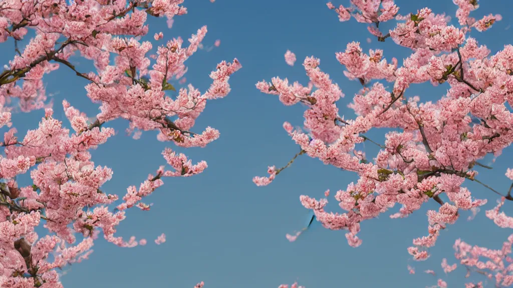 Prompt: a watercolor of Peach blossoms bloom along the Shanghai skyline, The soft pinks and greens of the flowers are offset by the blue of the sky and the gray of the cityscape. HD, Octane render 8K,