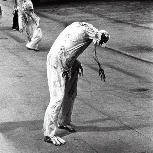 Image similar to real life irradiated walking zombie 1950s black and white award winning photo highly detailed, highly in focus, highly life-like Arriflex 35 II, by stanley kubrick