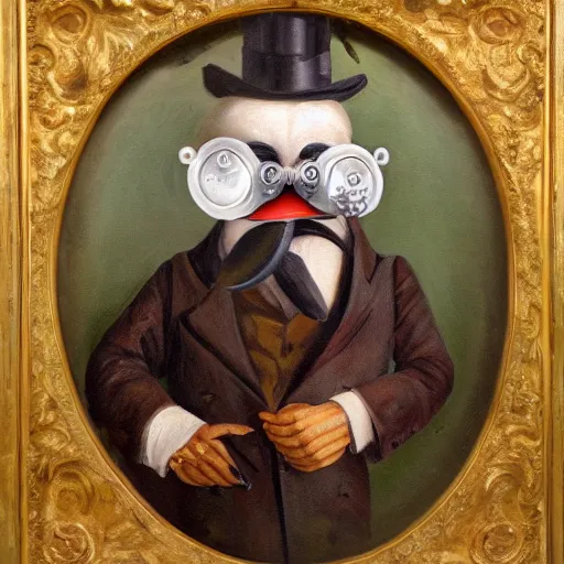 Image similar to a humanoid chicken butler with a fancy mustache and a monocle, highly detail, oil painting , accurate anatomy,