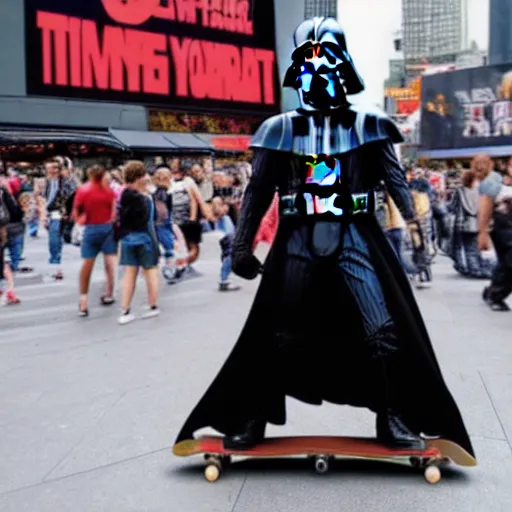 Prompt: Darth Vader on a skateboard in time Square