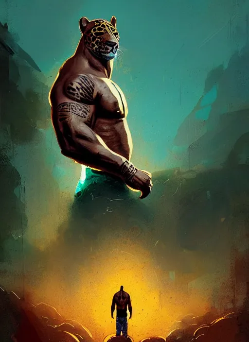 Image similar to dwayne johnson as jaguar god, by ismail inceoglu