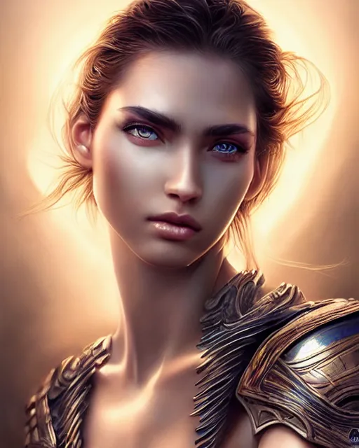 Image similar to a beautiful warrior woman, photo, ultra detail, photoreal, professionally retouched, soft moonlight lighting, shiny plastic armor, realistic, smooth face, goddess, luscious lips, perfect eyes, wide angle, sharp focus on eyes, 8 k high definition, insanely detailed, intricate, elegant, art by artgerm and wlop