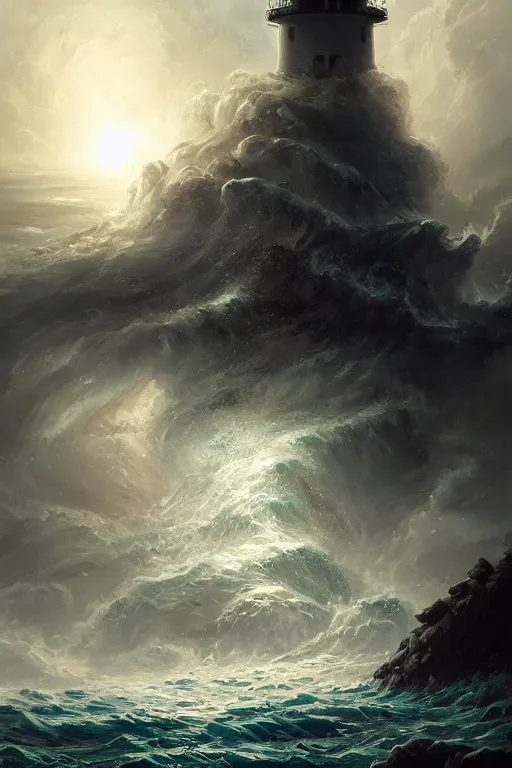 Prompt: epic scene of cthulhu rising from the stormy ocean near a dramatic coastline with lighthouse by peter mohrbacher, masterpiece, artstation, digital painting