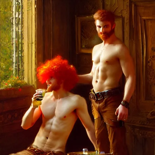 Prompt: attractive mike with ginger hair with attractive tyler with brunet hair, drinking their hearts out, in their noble mansion. highly defined painting, highly detailed painting by gaston bussiere, craig mullins 8 k