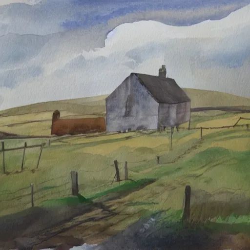 Image similar to A farmhouse on a windswept moor in Yorkshire, watercolour, beautiful