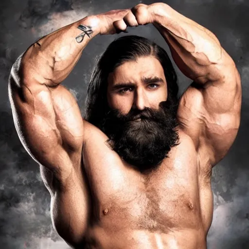 Image similar to extremely muscular man with a beautiful square chin, thick white bushy beard!, jet black long flowing hair!!!, wearing a tunic that exposes one side of the chest, cinematic, volumetric lighting, f 7 aperture - w 5 1 2