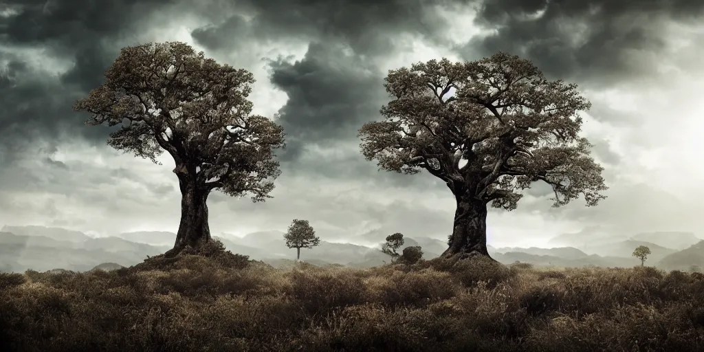 Image similar to no mans land, beautiful, tree of life, unreal forest, dramatic light, sky, dynamic angle, best composition, creatures, never thought of