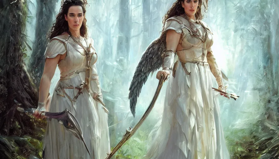 Image similar to A beautiful detailed painting of jennifer connelly as a female angel warrior in a magical forest by john sargent and Kalin Popov , Trending on artstation HD.