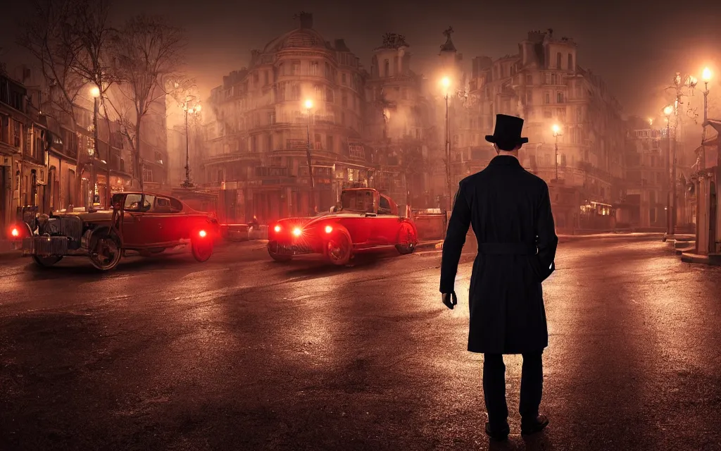 Prompt: One man in a trenchcoat armed with a ruby pistol in an early 20th century parisian street at night. Two cars are drifting around a lovecraftian creature with their lights on. A train station is visible in the background. 4k, dynamic, pulp, studio lighting, cinematic composition, vivid colors, low angle shot, (fish eye).