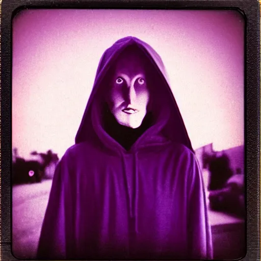 Prompt: selfie of a creepy hooded figure in the busy street of Night Vale, sunset, violet tones, polaroid photo, by Warhol,