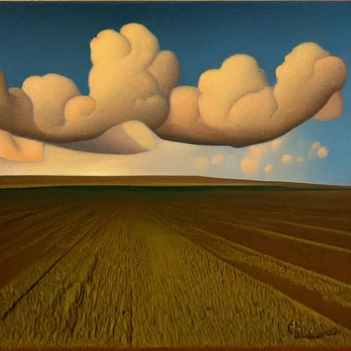 Prompt: the clouds of fear by Grant Wood, oil on canvas - n4
