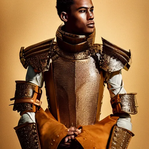 Prompt: a portrait of a beautiful young male wearing an alexander mcqueen armor made of caramel, photographed by andrew thomas huang, artistic