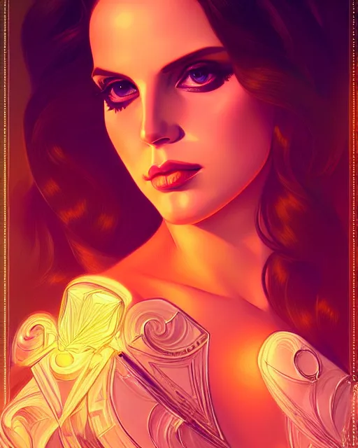 Image similar to symmetry portrait of lana del rey, glam, deco, glowing lights intricate, elegant, highly detailed, digital painting, artstation, concept art, smooth, sharp focus, illustration, art by artgerm and greg rutkowski and fra angelico and alphonse mucha