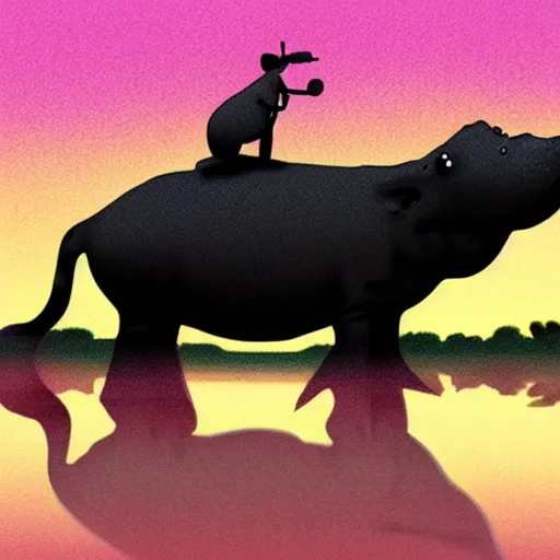 Image similar to a concept art of a hippopotamus riding a bike in the sunset