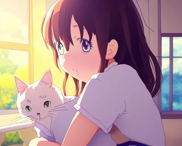 Image similar to anime fine details portrait of joyful girl hugging cat in school, bokeh. anime masterpiece by Studio Ghibli. 8k render, sharp high quality anime illustration in style of Ghibli, artstation