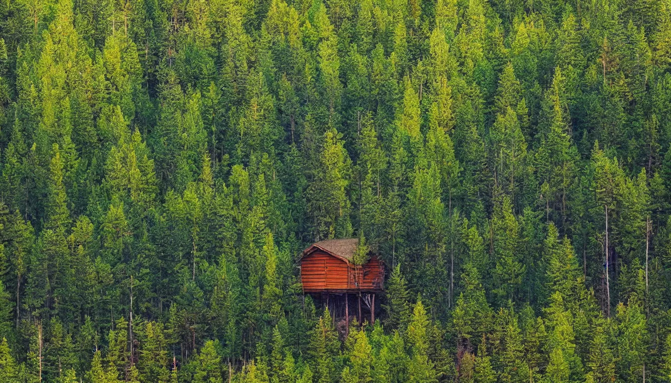 Image similar to a clearing in a forest with a cabin painted by Bob Ross