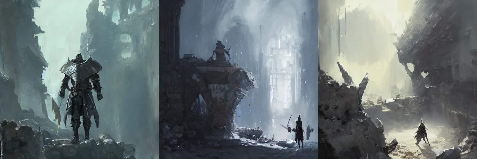 Prompt: A lone knight in front of a stone tomb with a sturdy shield and shiny sword by wadim kashin