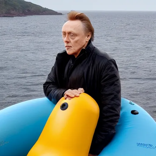 Image similar to christopher walken, rumham, inflatable boat in ocean