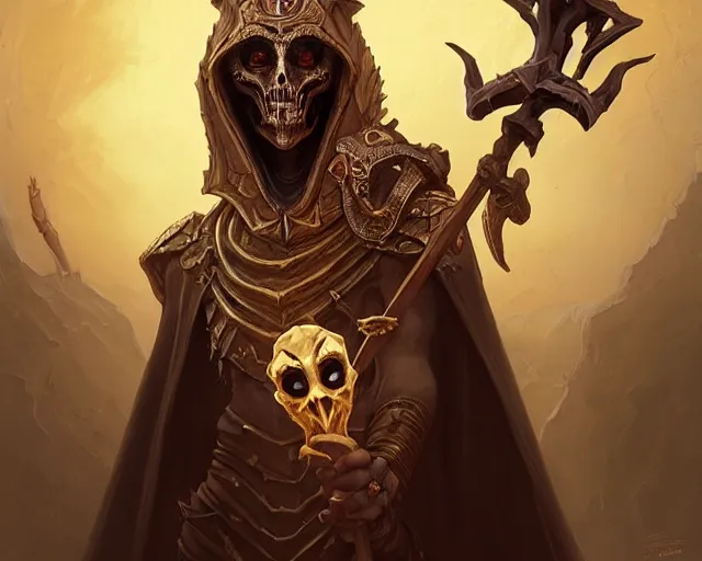 Image similar to an undead desert lich pharaoh, holding a goat head staff, deep focus, d & d, scary, fantasy, intricate, elegant, highly detailed, digital painting, artstation, concept art, matte, sharp, illustration, hearthstone, art by artgerm and greg rutkowski and alphonse mucha