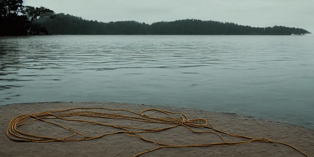 Prompt: centered photograph of a single line of thick brown \ long rope floating on the surface stretching out to the center of the lake, a dark lake sandy shore on a cloudy day, color film, beach trees in the background, hyper - detailed kodak color film photo, anamorphic lens