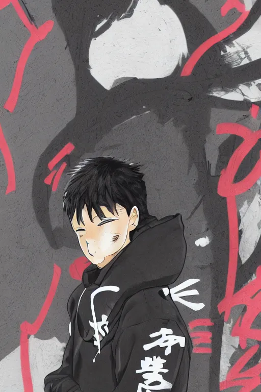 Prompt: anime young guy wearing black hoodie leaning against a wall with japanese graffiti, wlop, concept art, digital painting, trending on artstation, highly detailed, epic composition, 8 k uhd