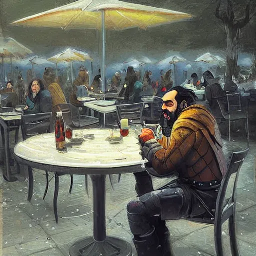 Image similar to klingon sitting at outdoor table at vintage paris cafe, digital painting, greg rutkowski, john howe.