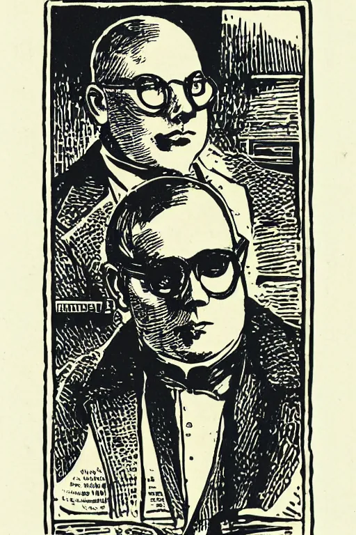 Prompt: Robert Ingersoll wearing cool glasses and a Sony Walkman, wood block print, Victorian style