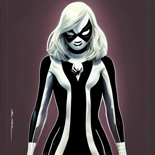 Image similar to gorgeous female Emma Stone as Spider-Gwen as venom sharp teeth, realistic character concept, medium shot, evil pose, comic book, illustration, slender symmetrical body, cinematic lighting, hyperdetailed, Tom Bagshaw, Joshua Middleton, single face, insanely detailed and intricate, dark and smokey background