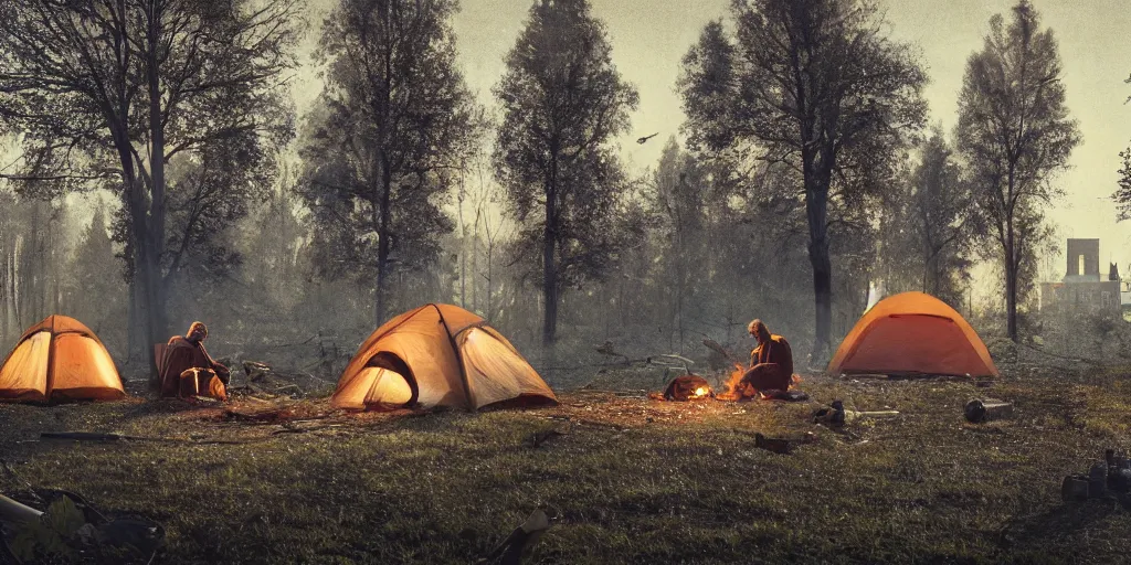 Image similar to two homeless men camping by an abandoned haunted asylum, a hobo barrel fire, elegant scene, low angle, wide angle, deep forest, wide angle, cinematic, ultrarealistic, trending on artstation, cgsociety, highly detailed, color graded, rendered in unreal engine 4 k hq, matte painting, by simon stalenhag and abandoned asylum in the woods