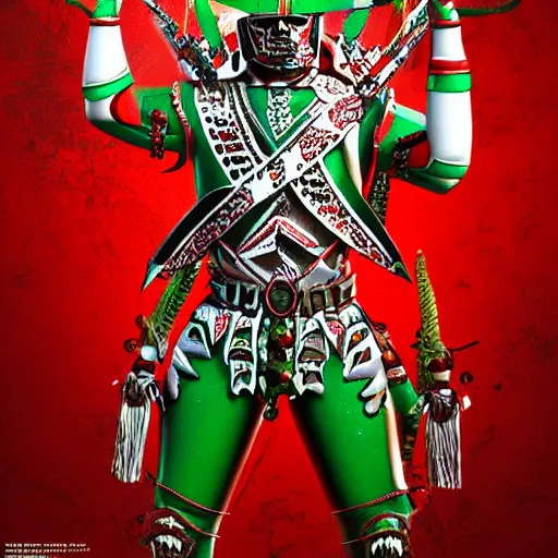 Image similar to mexican indigenous warrior in a ornated armor preparing for war, full body, dynamic pose, red and white and green neon, concept art, intricate details, highly professionally detailed, cgsociety, highly detailed -