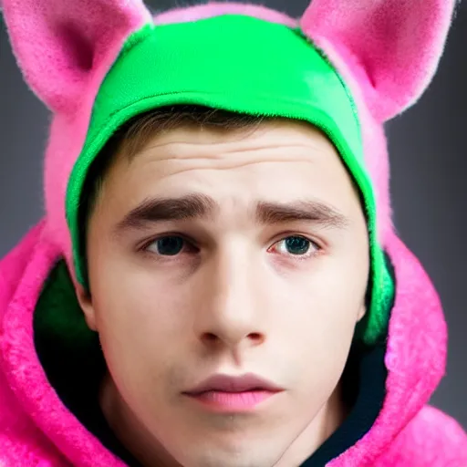 Image similar to cute young man with pink hair and pink wolf ears wearing a collar and a green hoodie